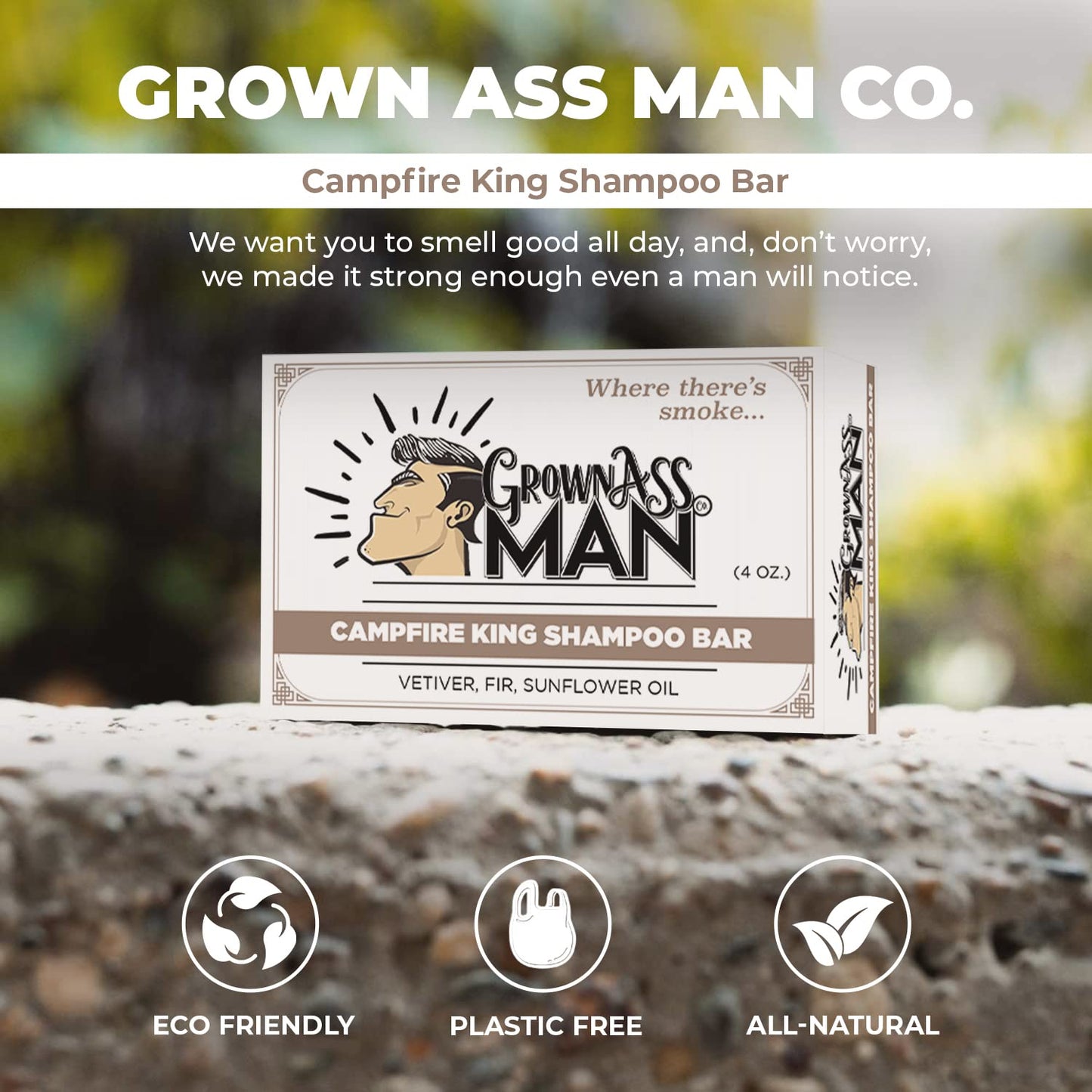 Solid Shampoo Bar Rich Lather 3 in 1: Hair, Beard & Body Wash - Plastic Free & Eco-Friendly, Natural & Organic Clean for All Hair Types, 4oz Bar (Campfire King, 3-Pack)