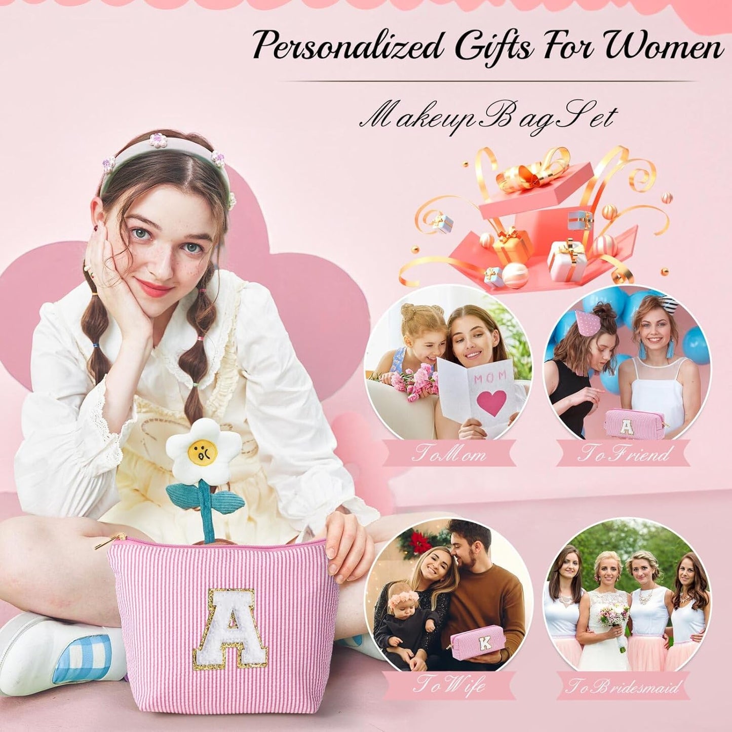 YOOLIFE Birthday Gifts for Girls - Personalized Initial Cute Pink Cosmetic Makeup Bag Pouch Make Up Bags Travel Toiletry Bag for Her Mom Girlfriend Wife Teacher 18th Birthday Gifts for Girls H