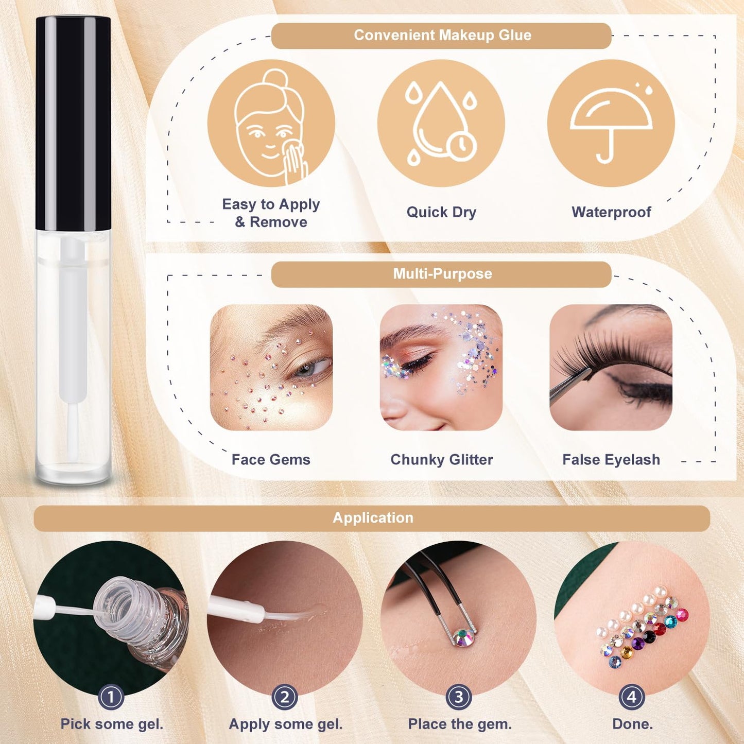 Colorful Face Gems for Makeup Set, Flatback Gorgeous Charming AB Glass Gem with Makeup Glue+Picker Pencil+Tweezer+Dual-End Dotting Tool for Eye Body Hair Make-up and Nail Art Deco