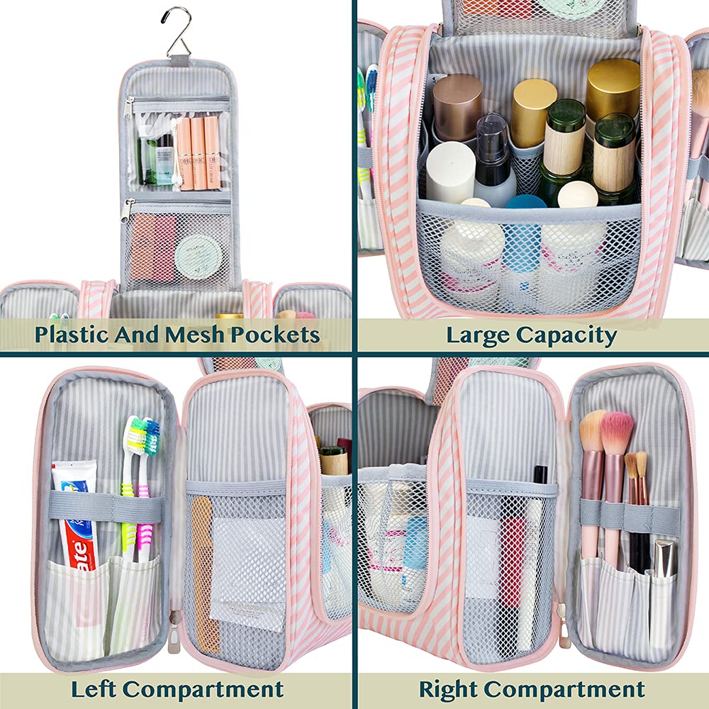 PAVILIA Toiletry Bag Travel Bag for Women Men, Hanging Cosmetic Organizer, Water Resistant Makeup Bag for Accessories Toiletries, Large Travel Essentials Kit (Pink Stripe)