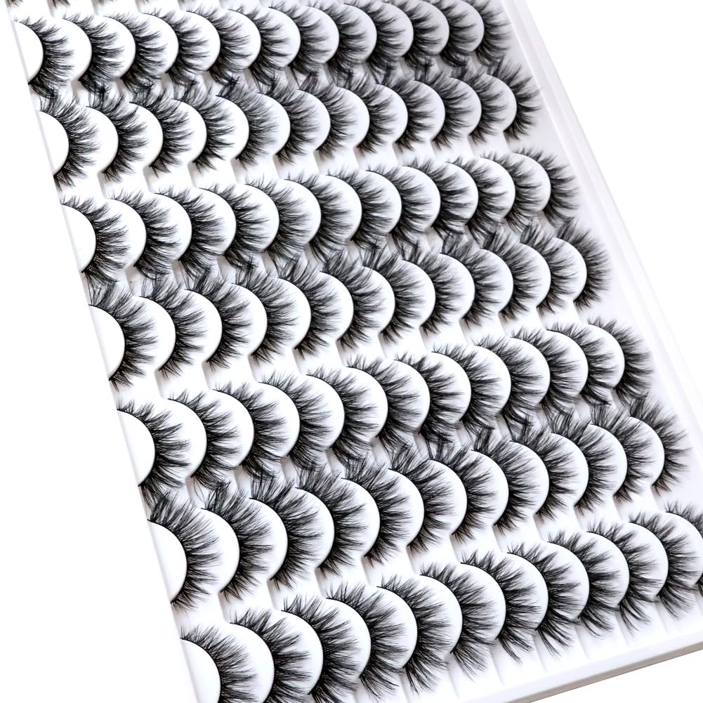 False Eyelashes 48 Pairs Faux Mink Lashes 14mm Wispy Lashes 3D Fluffy Cat Eye Lashes Pack Bulk Wholesale Strip Lashes(style 48-042)
