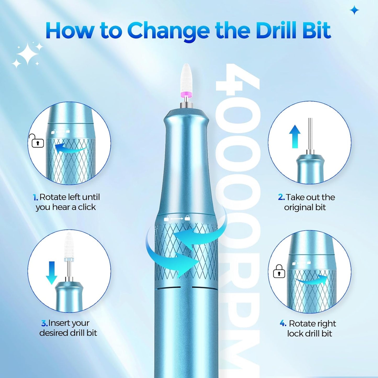 Nail Drill Electric File: DEDNMSCA Sparkly Professional Nail Drill Kit, 40000RPM E-file Machine with USB LED Light and 12 Drill Bits for Acrylic Nail Remove Gel Polish Manicure for Salon Home, Diamond
