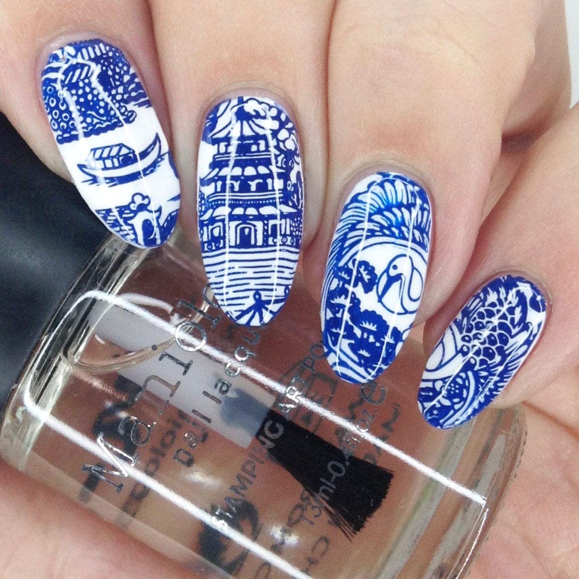 Maniology Porcelain Nail Stamping Plate | Classic Chinese Ceramic Dinnerware Design, Floral Patterns, Elegant DIY Manicure - Reusable, Rectangular, Stainless Steel Nail Art Template