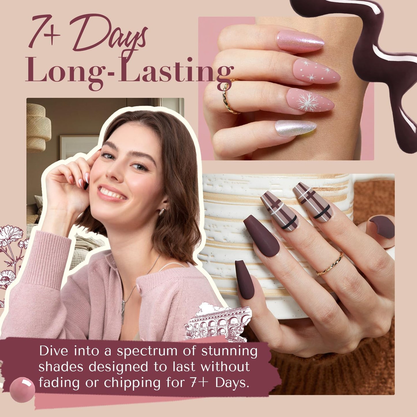 AZUREBEAUTY Nail Polish Set Vegan 4 Colors Fall Winter Brown Pink Glitter Nail Polish Quick Dry Natural Nail Lacquer Fingernail Strengthening Treatment Kit with Top Coat DIY