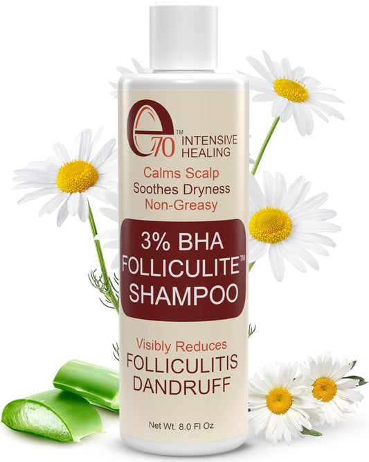 Folliculitis Treatment Shampoo with 3% BHA, Salicylic Acid, Tea Tree Oil & Chamomile Extracts - Anti Itch Shampoo for women & men with Irritated Flaky Scalp Treatment, Made in USA by e70, 8 fl oz