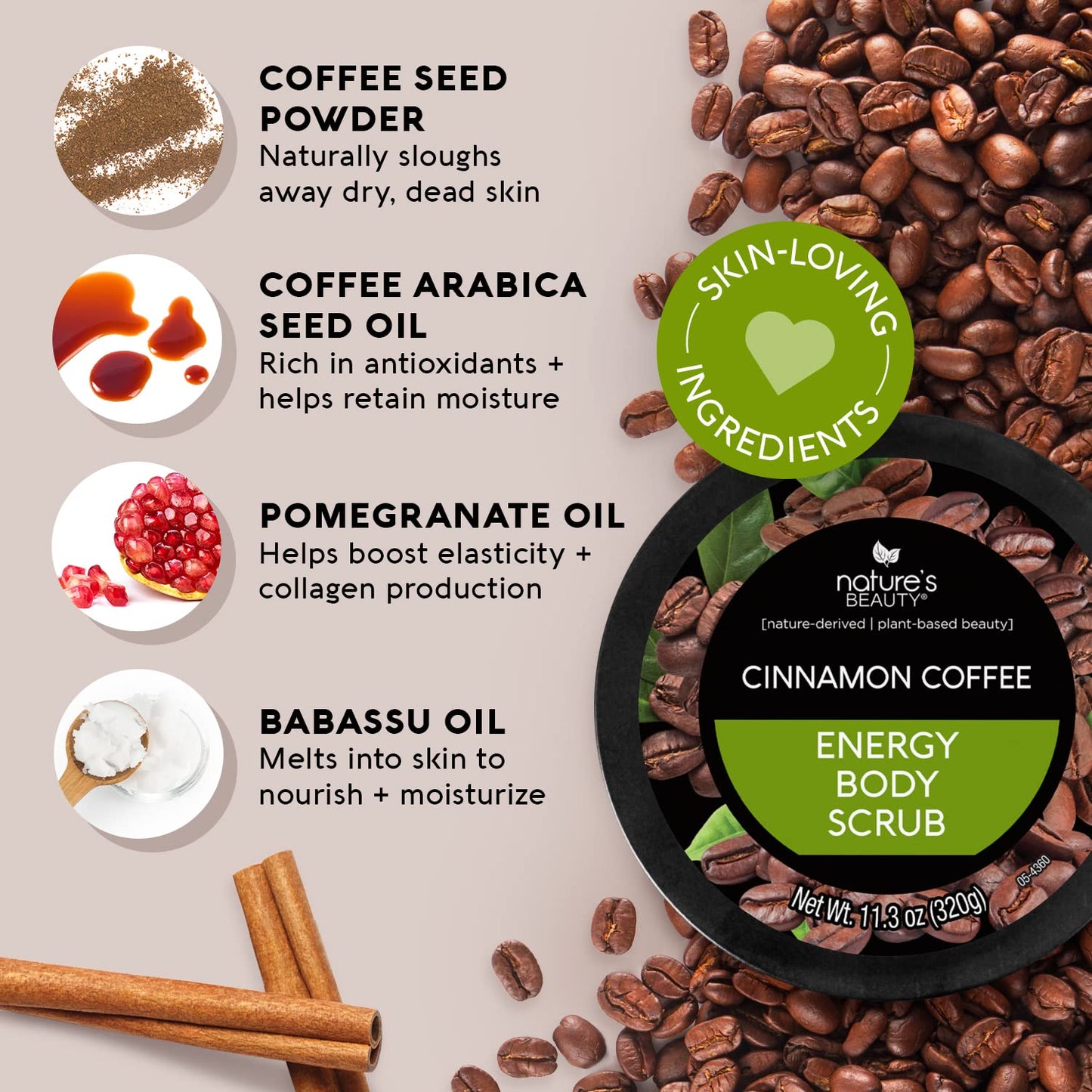 Nature's Beauty Cinnamon Coffee Energy Body Scrub Multi-Pack - Gently Exfoliate, Energize & Invigorate Dull Skin, Made w/Pomegranate & Babassu Oil + Coffee Seed Powder, 11.3 oz (2 Pack)