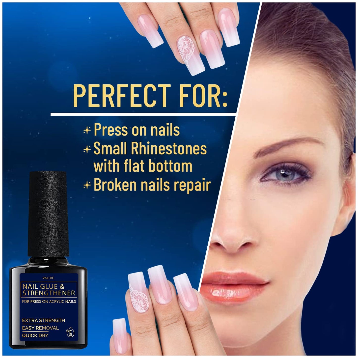 Valitic Strong Nail Glue and Strengthener for Acrylic and Press On Nails - Quick Dry Brush On Gel for Long Lasting Effect - Adhesive Nail Bond for False Nails with Tips Strengthener - 3 PACK