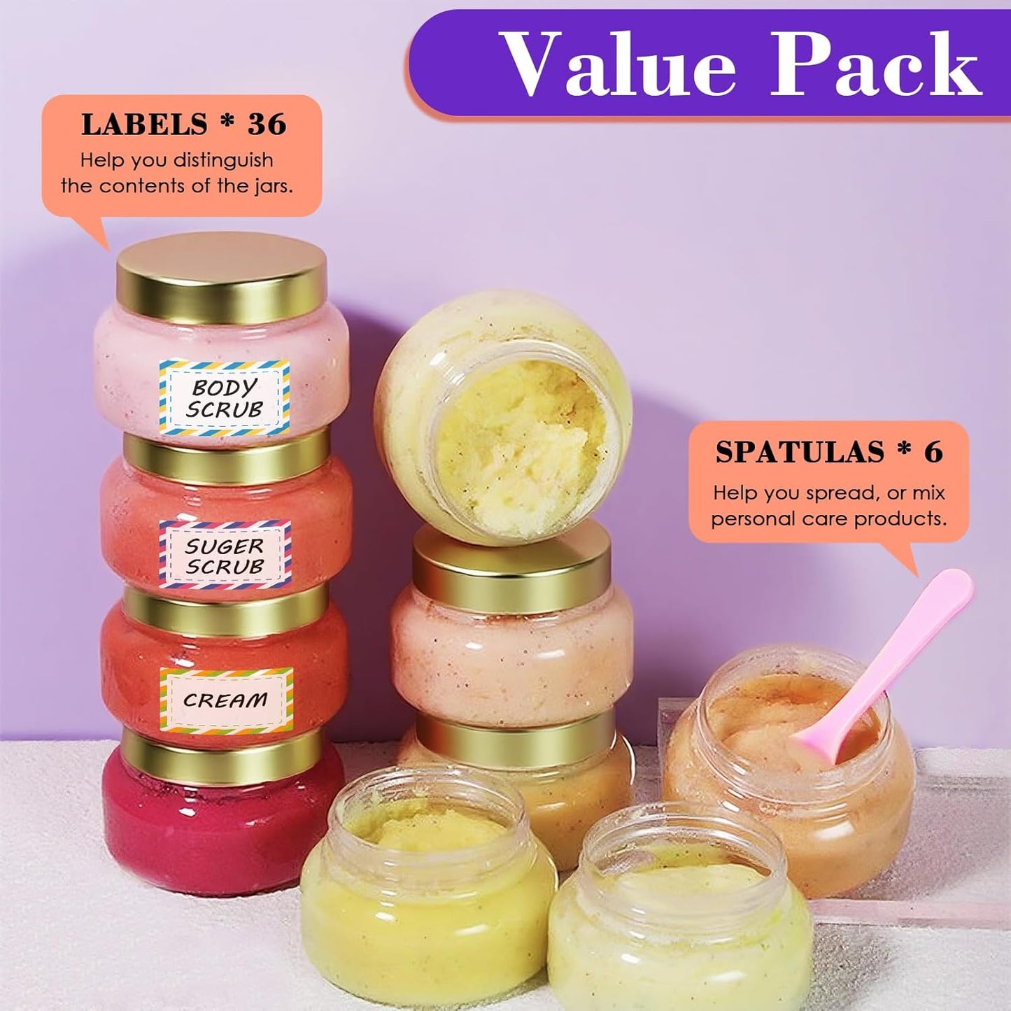36 Pack 8 oz Plastic Cosmetic Containers With Lids Refillable Clear Empty Travle Jars Containers for Body Butter,Sugar Scrubs,Cream,Lotions,Candy, Waterproof Label&Spatulas - (Rose Gold Lid)