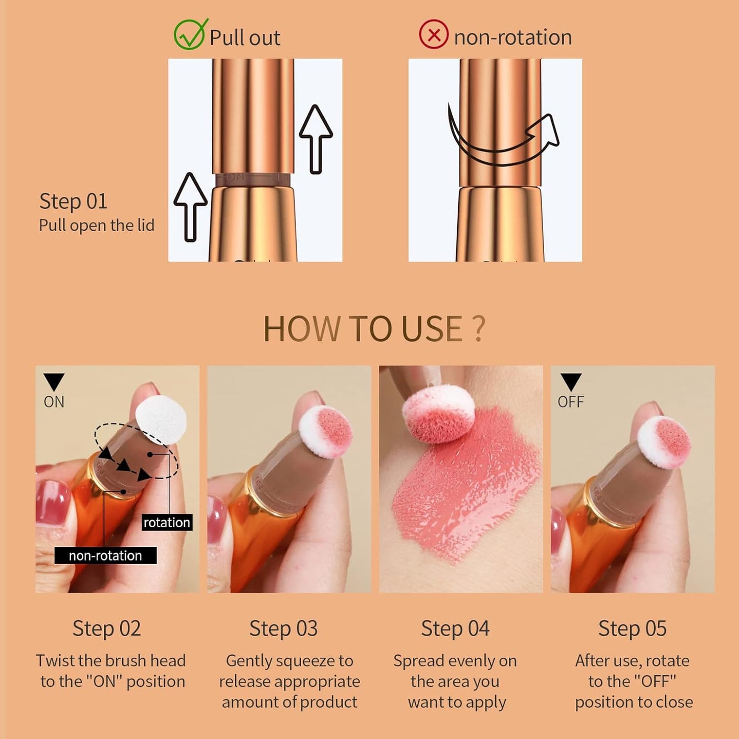 Blush Beauty Wand, Liquid Face Blush with Cushion Applicator, Silky Smooth Cream Blush Stick Natural Matte Finish, Lightweight Blendable Blush Stick Makeup for Cheek Lip eye, Cruelty-free（Peach Pink）
