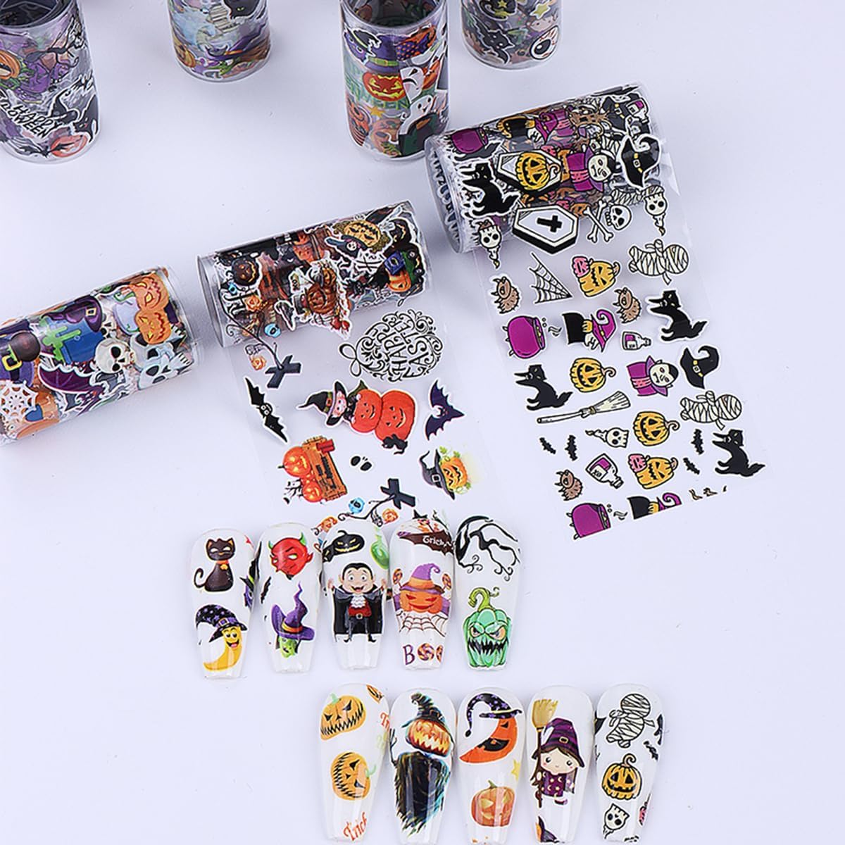Halloween Nail Art Foils Transfer Stickers Halloween Nail Art Stickers Decals 10Rolls Pumpkin Spider Web Ghost Spider Nail Foils Adhesive Decals Nail Supplies for Women Holiday DIY Manicure Decoration