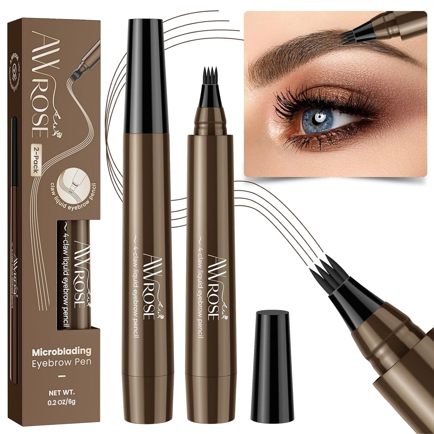 AWROSE Eyebrow Pencil, 2 Pack 3D Waterproof Microblading Eyebrow Pen 4 Fork Tip Tattoo Pencil, Precise Natural Brow Magic Eye Brow Pencil with Hair Like Strokes, Multi-Used Eye Brow Pen for Women