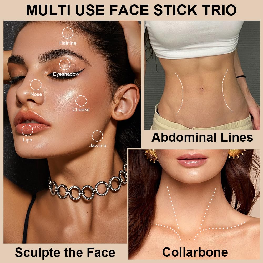 Contour Stick Makeup Kit,3Pcs Bronzer Blush Highlighter Stick Set for Create a Glowing Flawless Look, Longwear Non-Greasy Matte Finish Face Stick Trio, Include Brush – Light Medium (#03,06,09)