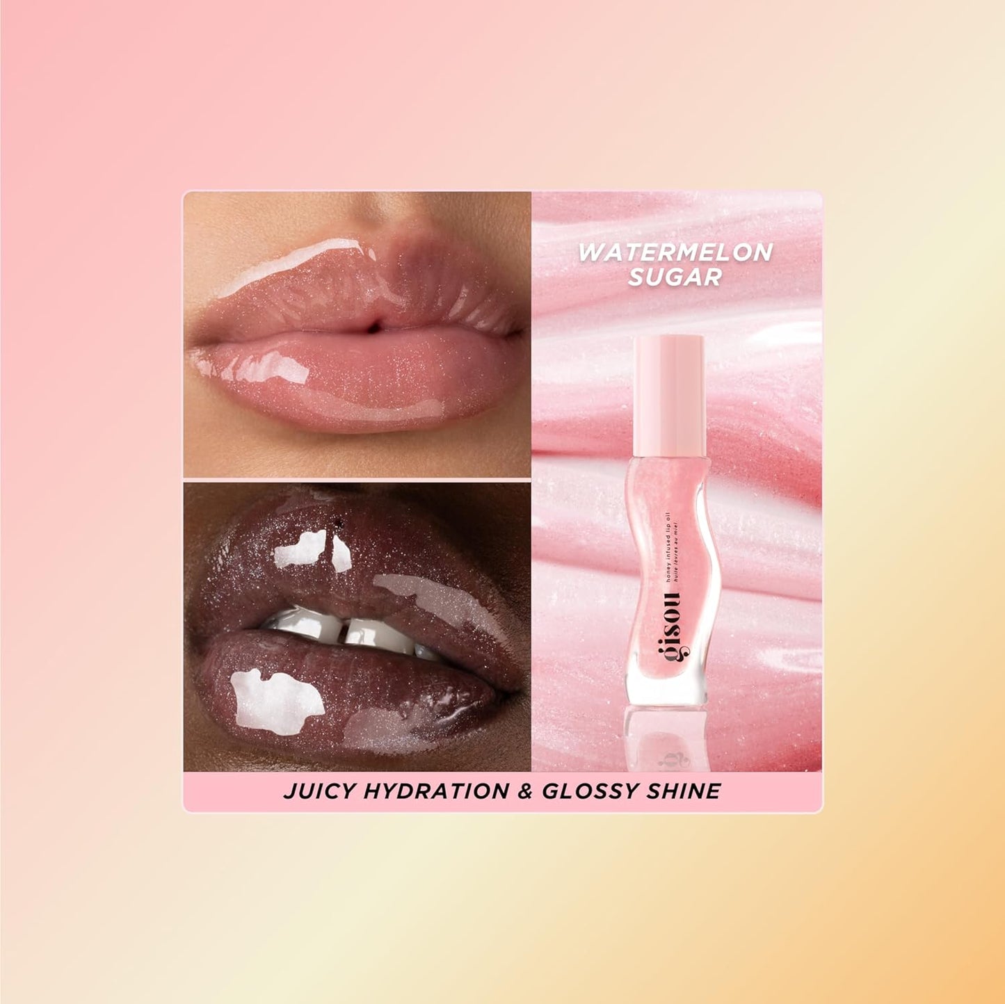 Gisou Honey Infused Hydrating Lip Oil, Nourishing Lip Moisturizer for Dry Lips, High Shine, Smooth Finish, Clear Pink Shimmer Shade, Fresh Watermelon Scent, Watermelon Sugar, 8ml