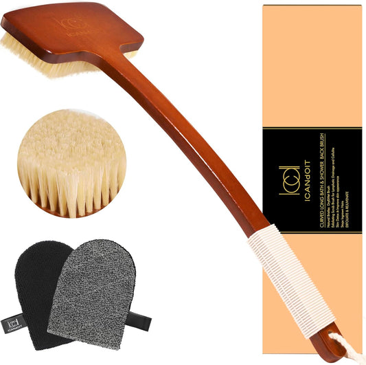 ICANdOIT Exfoliation Set-17.71 Inch Boar Bristles Back Scrubber Bath Brush,Shower Brush with No-Slip Curved Handle,Dual-Sided Face Exfoliation Glove