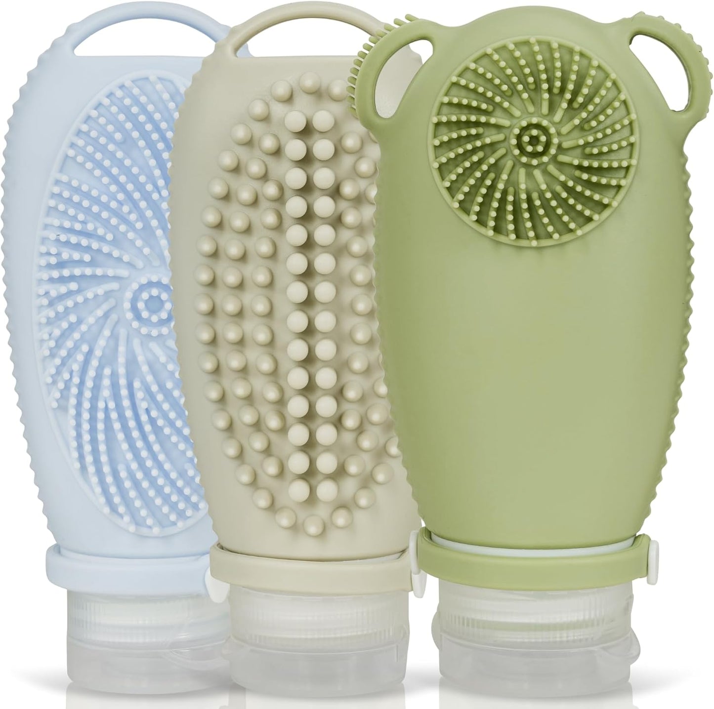 Sumina Silicone Travel Bottles 3 Pack (3.4oz) – TSA-Approved Leak-Proof Toiletry Containers with 2-in-1 Built-In Exfoliating Scrubber – Refillable for Travel, Gym & Skincare
