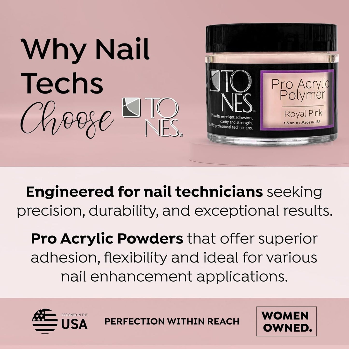 Tones Pro Acrylic Nail Powder, Royal Pink (Soft, Creamy Pastel Pink), (3.5 Fl Oz) - Long-Lasting & Non-Yellowing Polymer for Salon Quality Nail Extensions & 3D Art