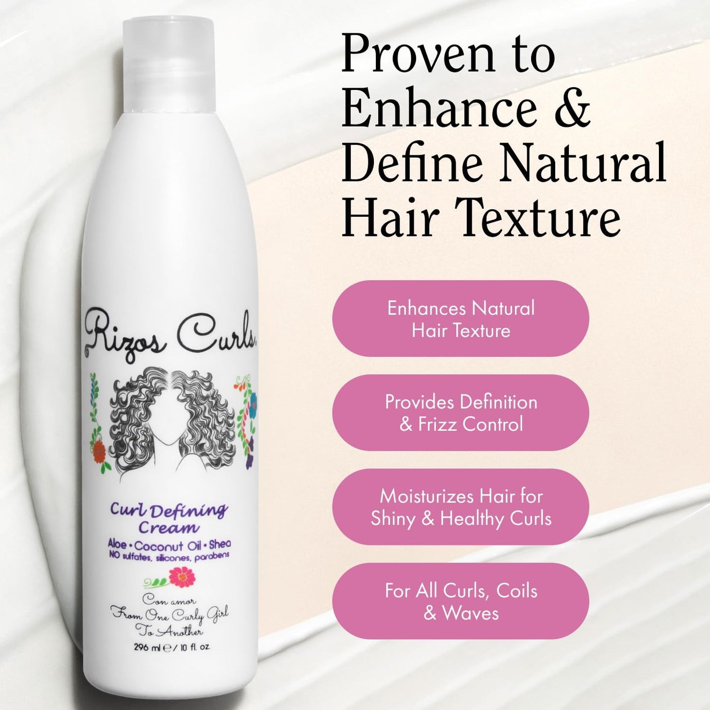 Rizos Curls Curl Defining Cream for Wavy, Curly, Coily Hair – Frizz Control, Defines, Softens, Moisturizes, Adds Shine for 1a–4c Hair Types – Sulfate & Paraben