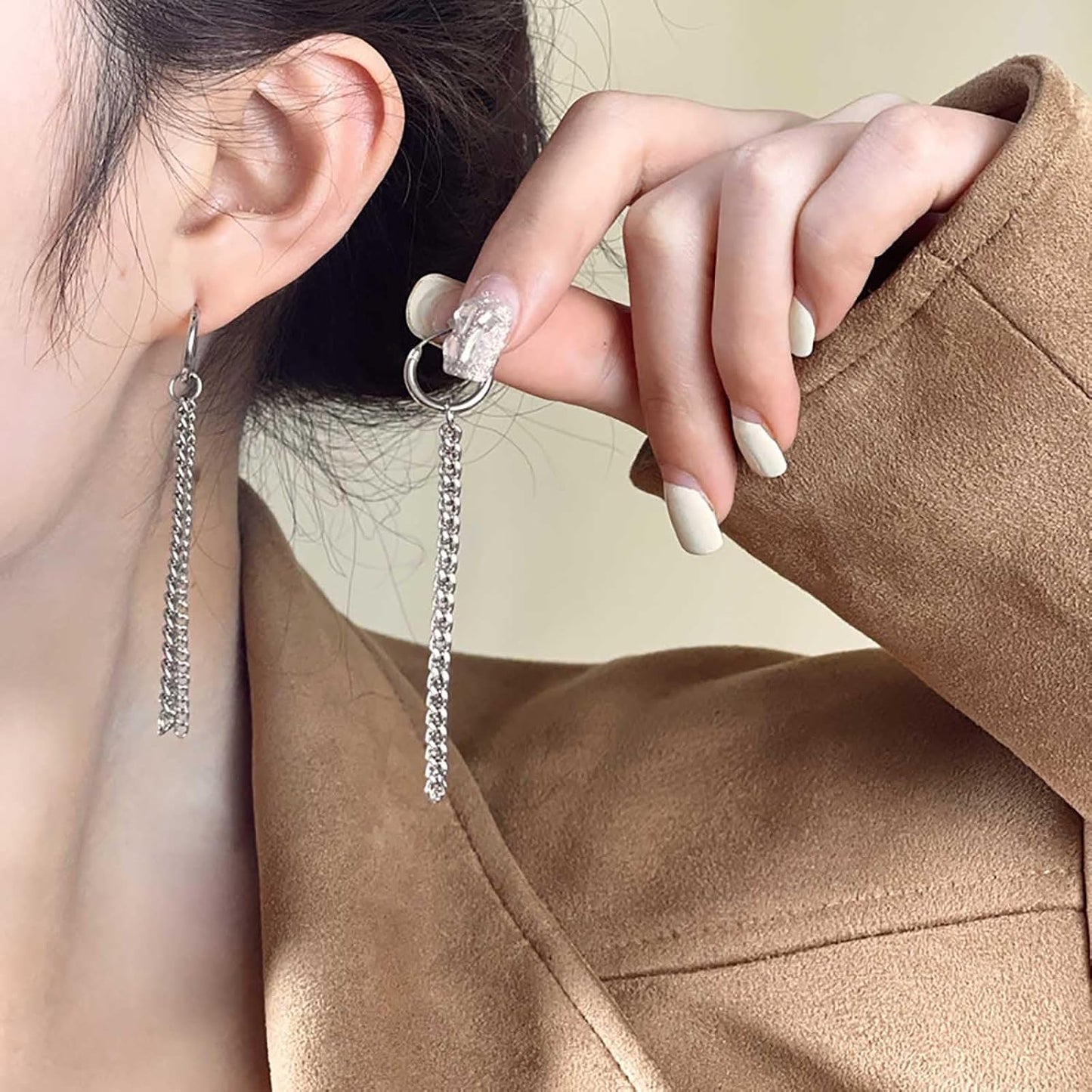 Vintage Tassel Chain Earrings Silver Fringe Chain Earrings Long Chain Dangle Earrings Punk Thick Chain Huggie Hoop Earrings Jewelry for Women