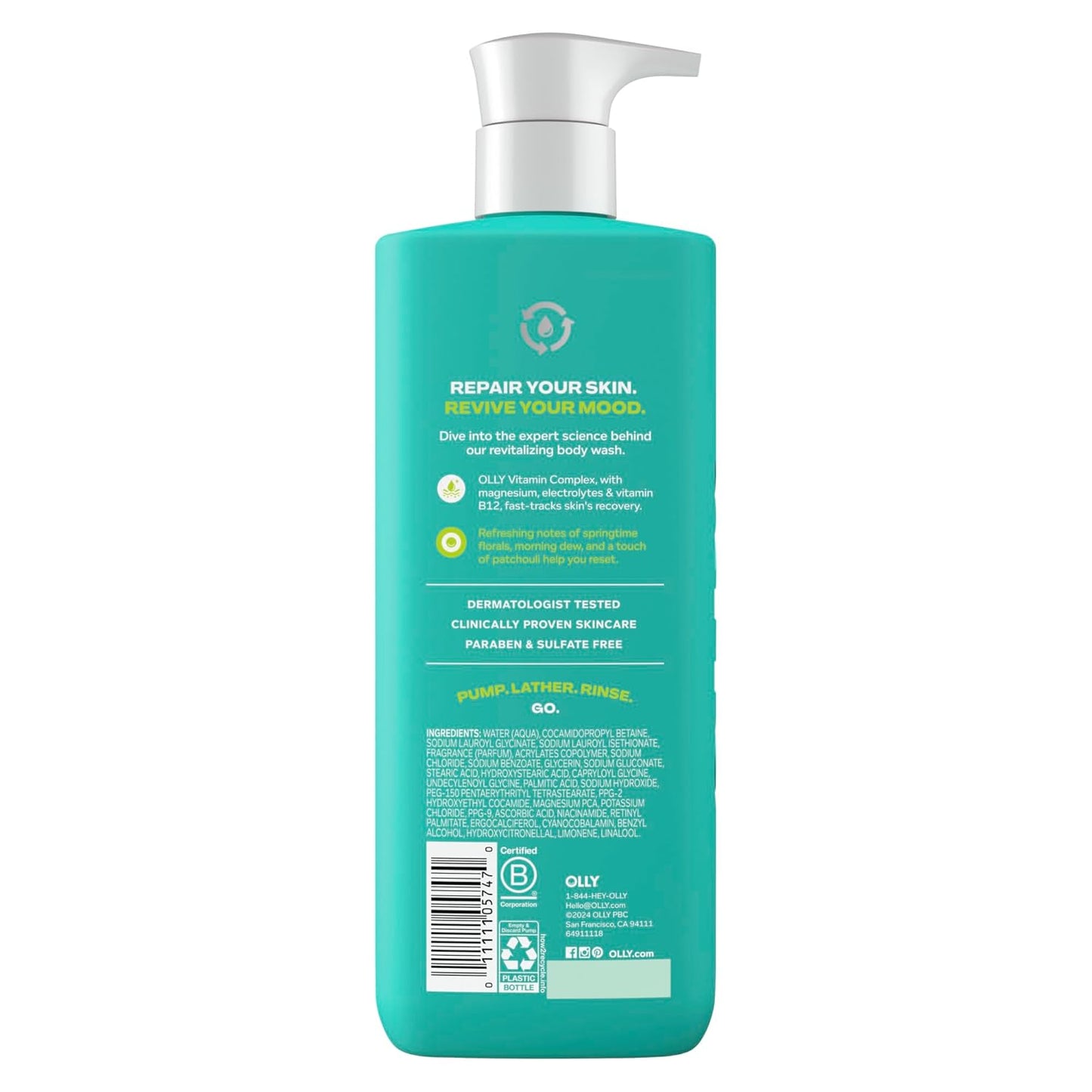 OLLY Revive Body Wash with Magnesium, Electrolytes & Vitamin B12– Nourishing Cleanser for Skin Barrier Repair, Deep Hydration, Refreshing Nerolidew Scent, 17 oz