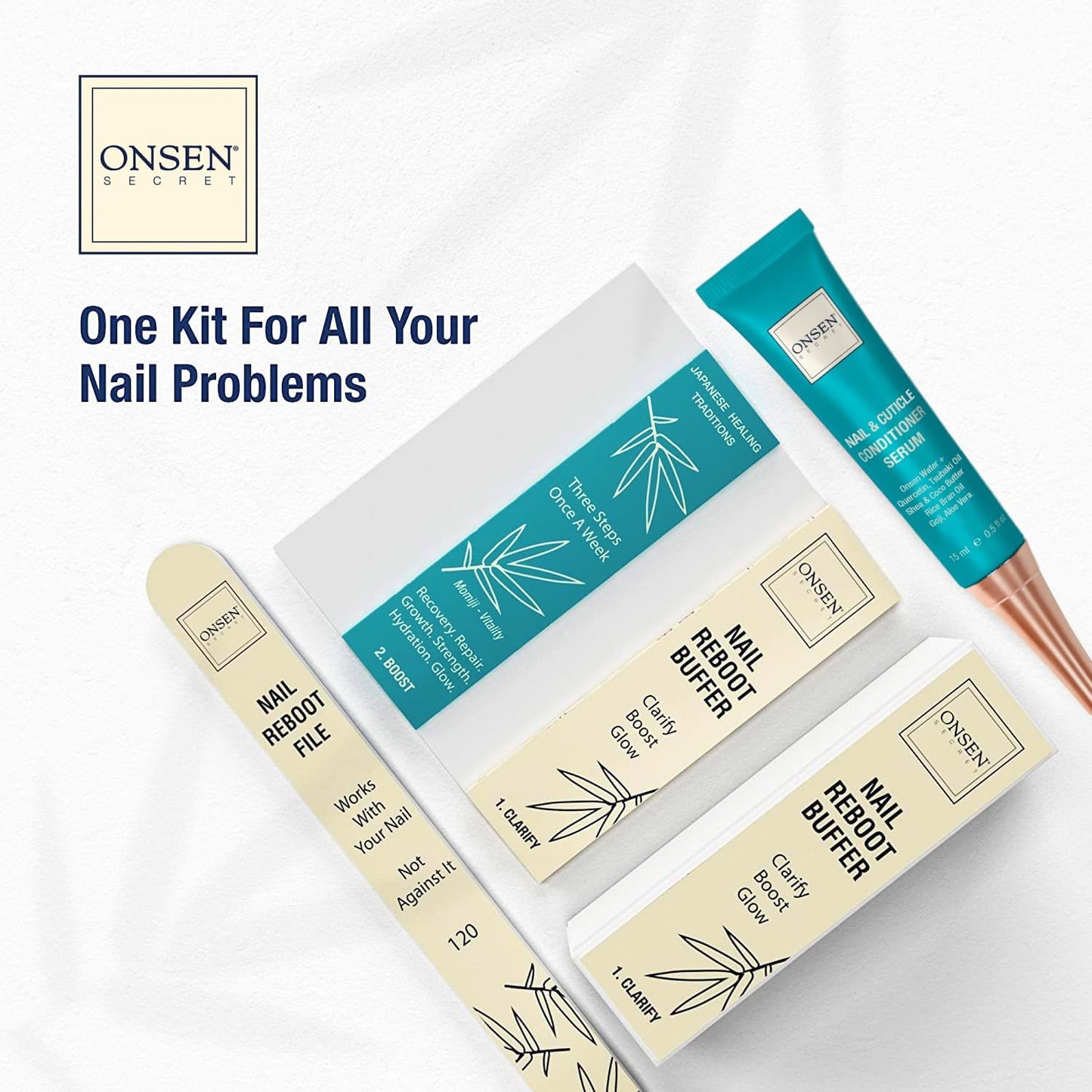 Onsen Secret Nail Care Kit - Japanese Nail Buffer and Shine Kit - Strengthening & Shining - Spa-Quality Manicure - Organic Ingredients - Long-Lasting Shine - Easy & Safe - w/Cuticle Care Serum - 1pk