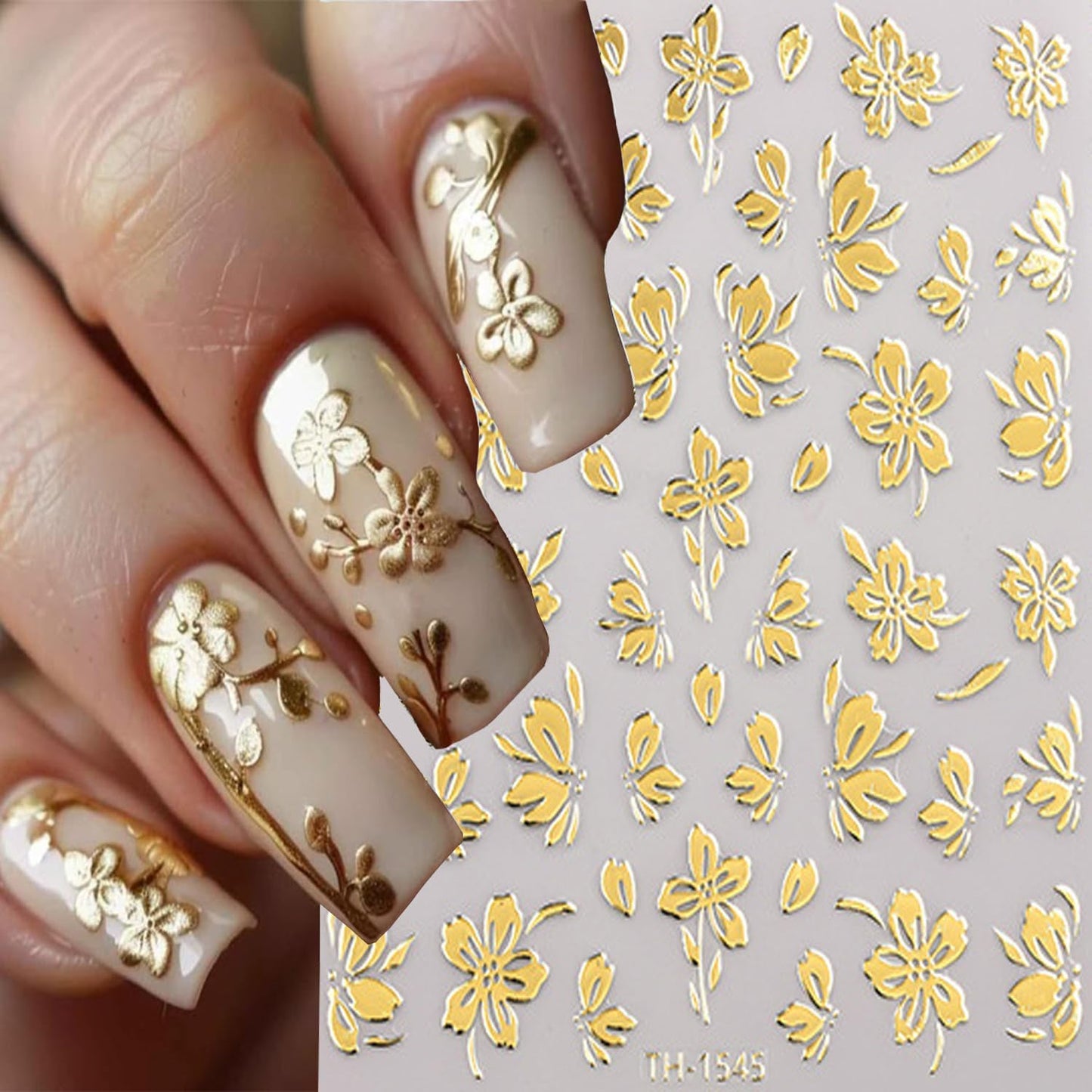 6 Sheets Gold Nail Art Stickers 3D Self -Adhesive Golden Flowers Leaves Nail Decals Holographic Hot Stamping Floral Nail Stickers Summer Blossom Nail Decoration for Women DIY Manicure Supplies