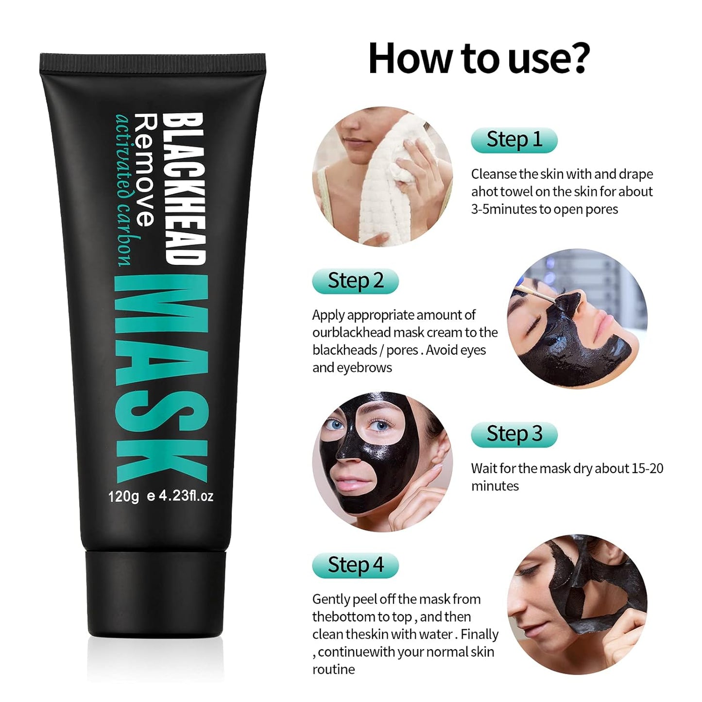 Peel Off Face Mask Blackhead Whiteheads Remover Masks Activated Charcoal Black Mask Purifying Peeling Facial Mask for Nose Pores Removal Reducing Cleansing Acne with Brush and Pimple Extractor Tools