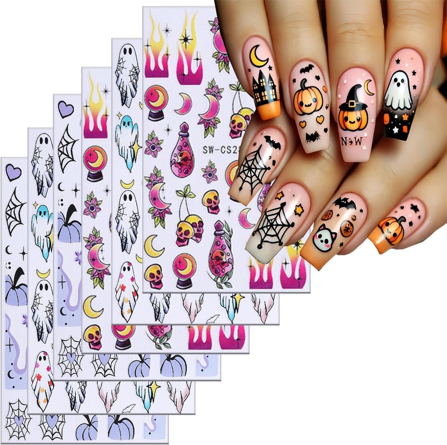 6 Sheets Halloween Nail Art Stickers 3D Self -Adhesive Cute Ghost Pumpkin Nail Decals Holographic Heart Spider Web Skeleton Flame Nail Stickers Halloween Nail Decoration for Women Manicure Supplies