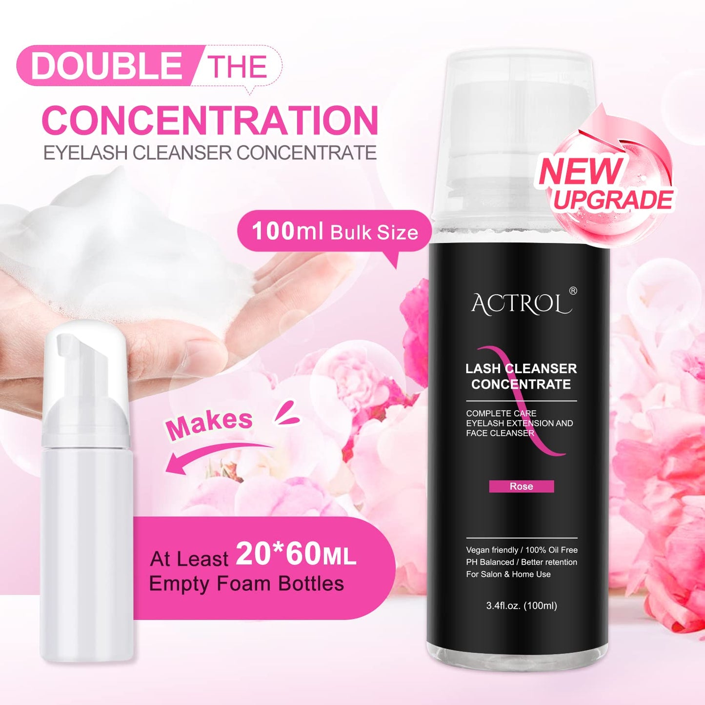 Eyelash Cleanser Concentrate 100ml Rose Professional Lash Shampoo Foaming Cleanser Paraben & Sulfate Free Non-lrritating Wash for Extensions Lashes with Salon Home Care-Makes 20 Bottles