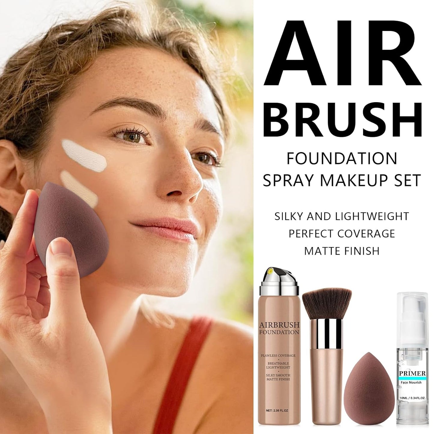 AirBrush Foundation Spray With Primer and Brush, Silky Mist Foundation Spray Makeup, Full Coverage Foundation for Smooth Radiant Finish, Formula Breathable Lightweight Hydrating(#3 Nude)