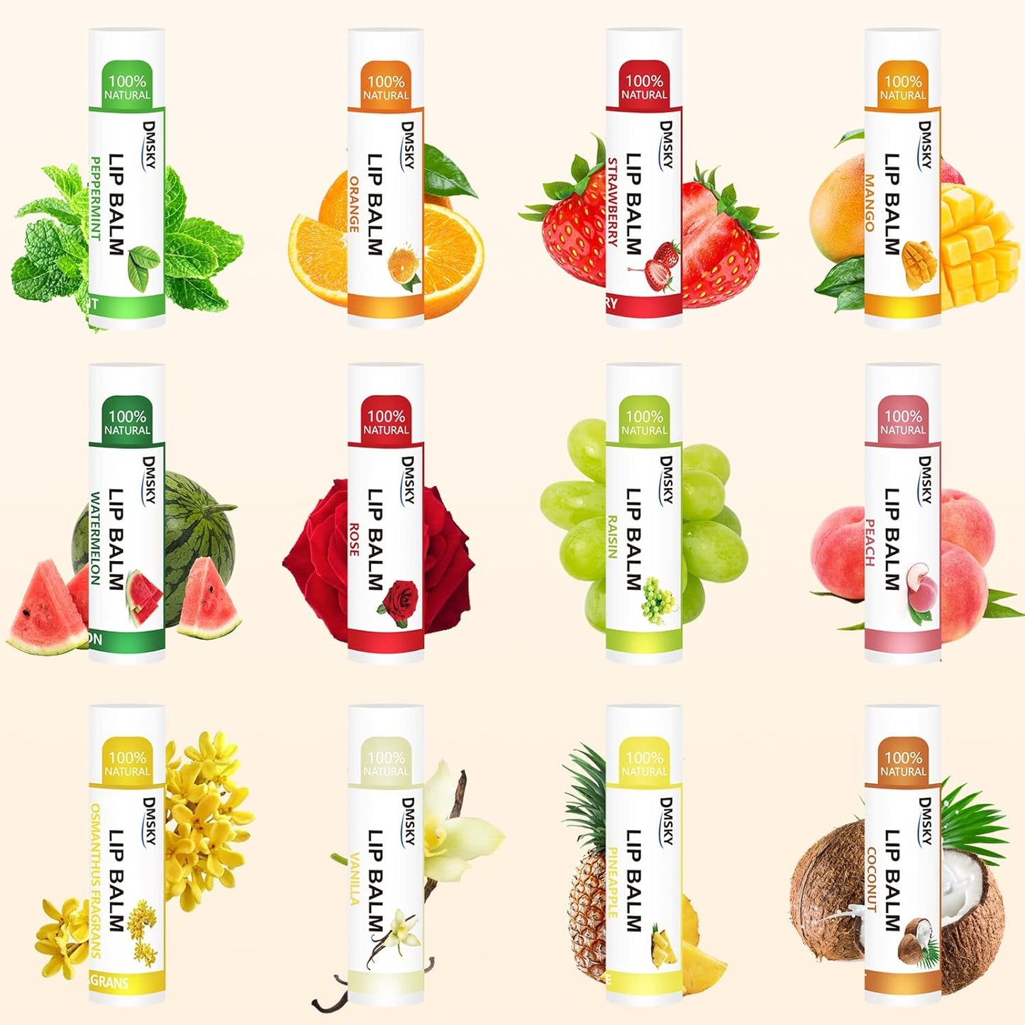 DMSKY Natural Lip Balm Bulk 36 Pack, Moisturizing Lip Balm with Vitamin E and Coconut Oil, Lip Care Product for Chapped Lips-12 Flavors