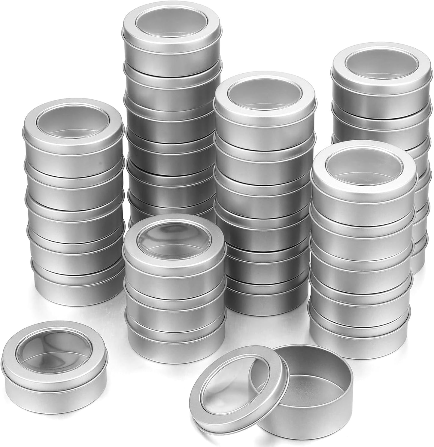 TecUnite 48 Pack 2 Ounce Metal Tin Cans Round Empty Container Salve Tins with Clear Lid for Kitchen, Office, Candles, Candies