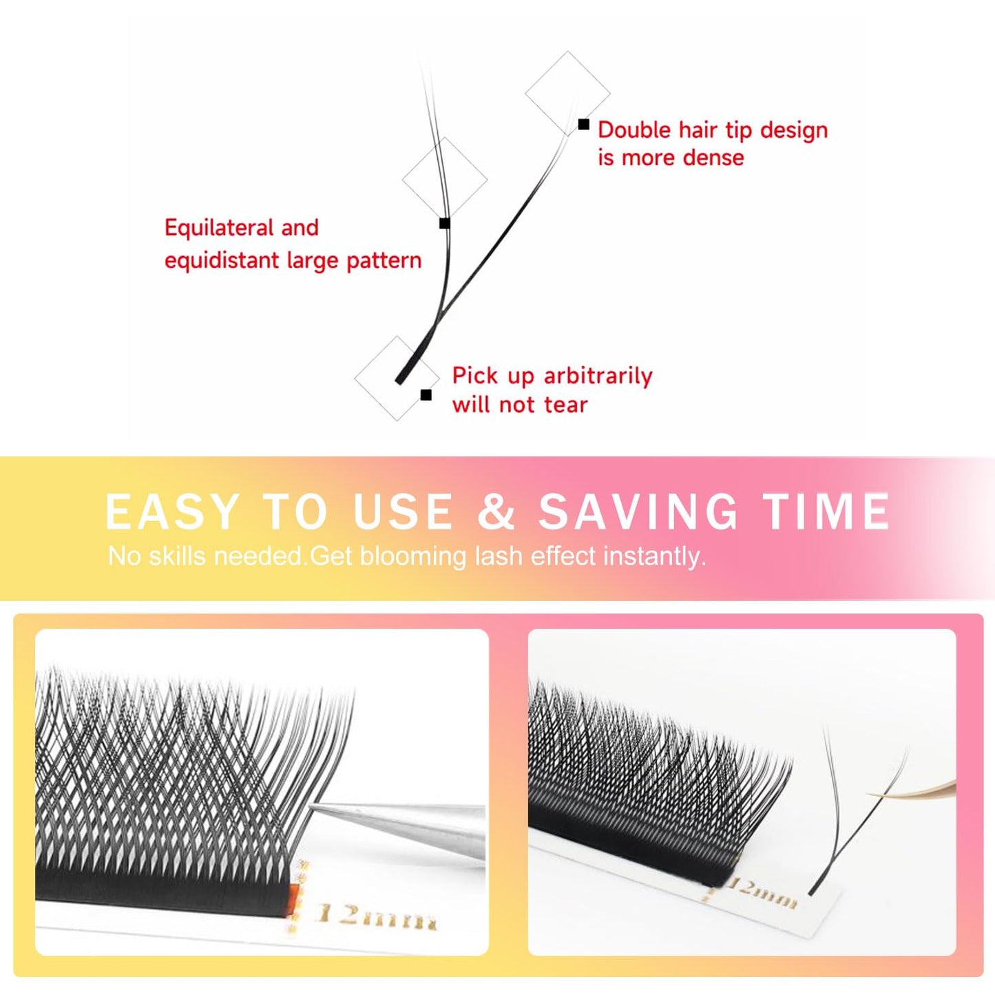 YY Lash Extensions Supplies Y Eyelash Extensions 0.07mm Thickness D Curl 12mm Premade Fans 4D Russian Volume Matte Black 12 Rows Crisscross Eye Lashes(YY-0.07-D,12mm)