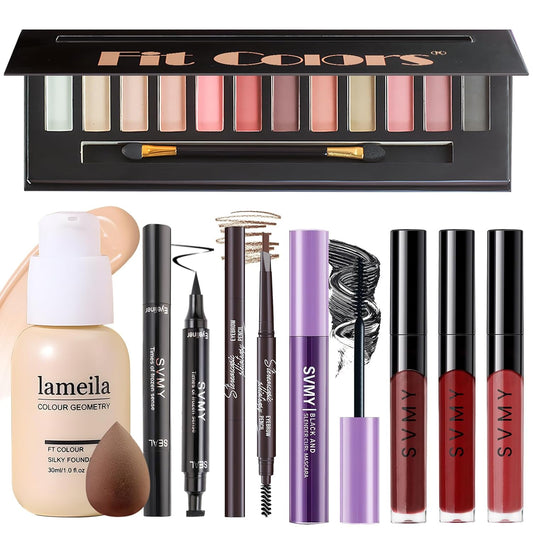 Makeup Present Set for Teen Girl, Travel Makeup Kit for women, Makeup Full Kit for Beginner & Professionals, Makeup Bundle Include 12 Color Matte Eyeshadow Palette, Natutal Foundation, Lip Gloss
