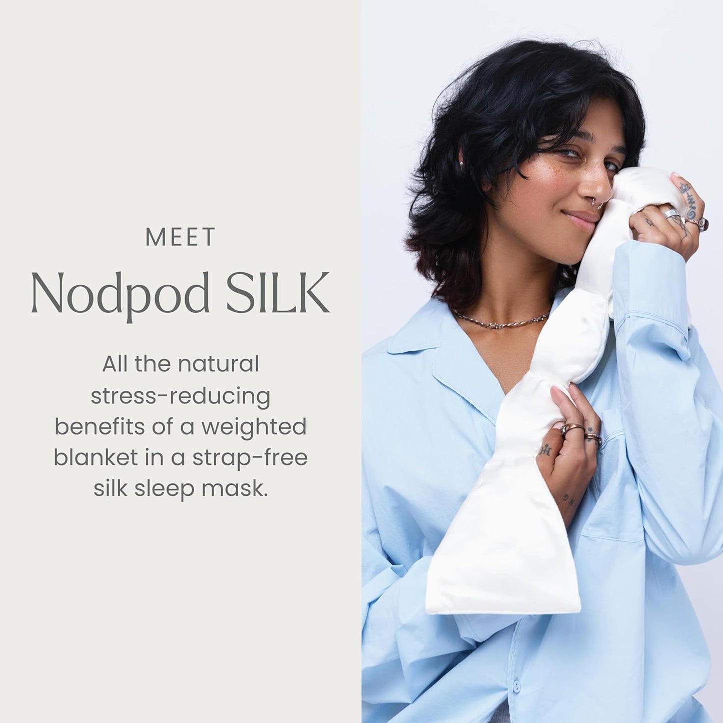 Nodpod Gentle Pressure Silk Sleep Mask | Patented Light Blocking Design for Sleeping, Travel & Relaxation | Bead Filled, Machine Washable (Pearl)
