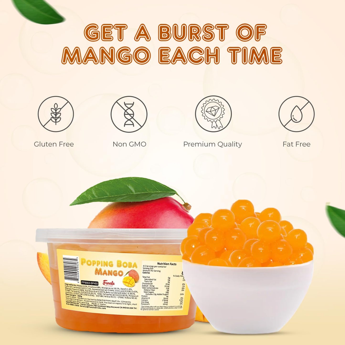 Fanale Mango Popping Boba Pearls, Vegan, Non GMO, Gluten Free, Fat Free, Perfect for Bubble Tea, Smoothies, Ice Cream, Desserts, and Beverages.