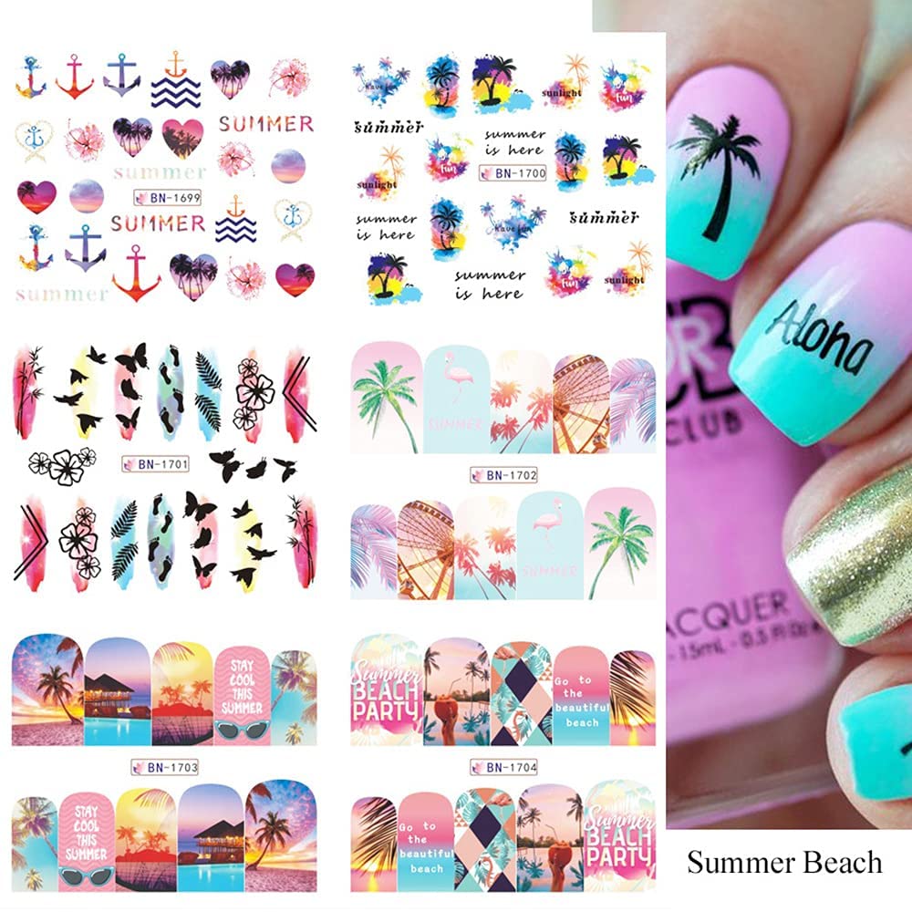 Summer Nail Art Stickers Decals, 12 Sheets of Fruit Hawaii Design Water Transfer Nail Slider Tattoos Holographic Colorful Pineapple Watermelon Pattern Acrylic Nail Art for Summer DIY Nail Decoration