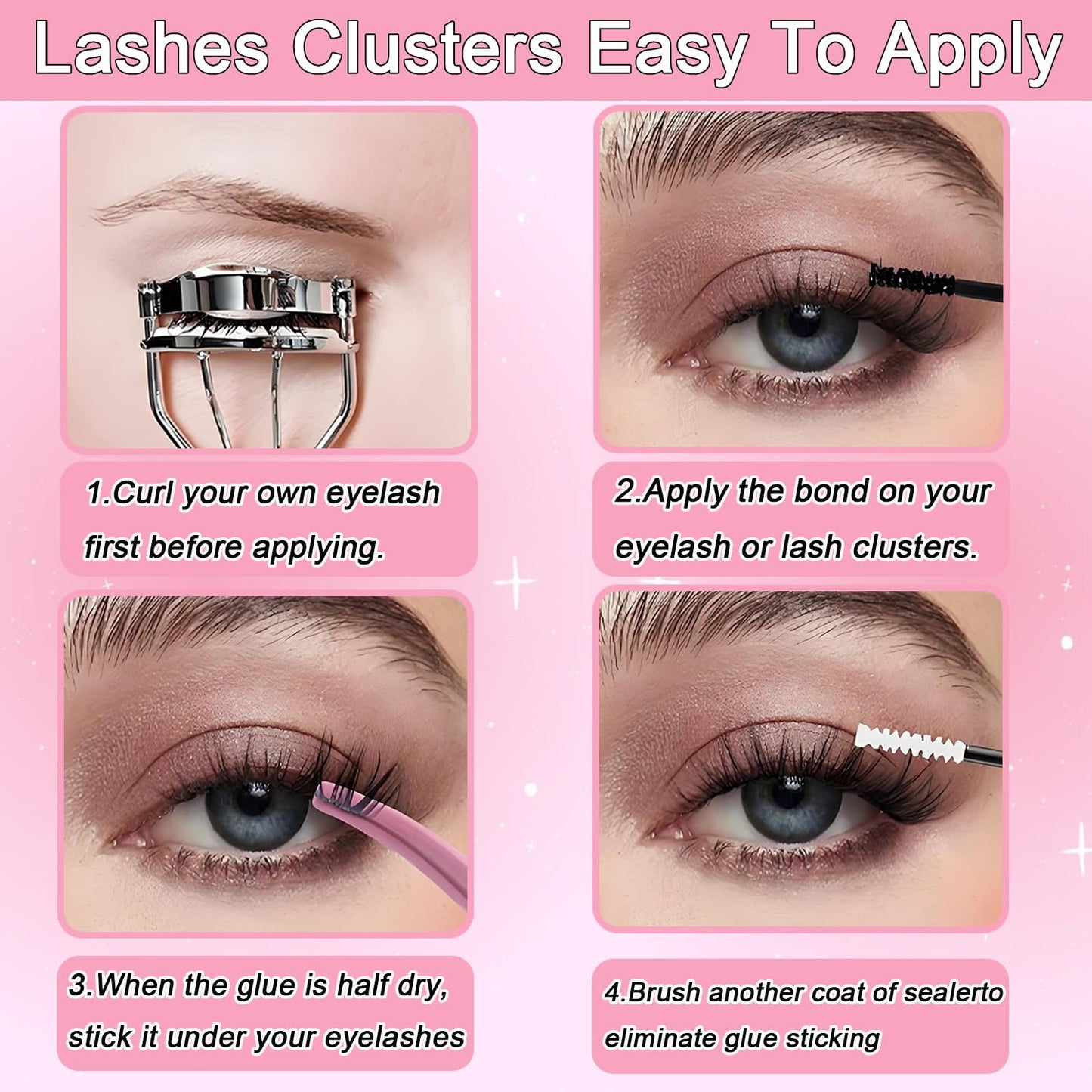Lash Clusters Kit, Eyelash Clusters Individual Lash Extension Kit D Curl Fluffy Wispy False Eyelashes Extensions Thin Band with Bond Seal Tweezers Brush (SMY08 8-16mm)