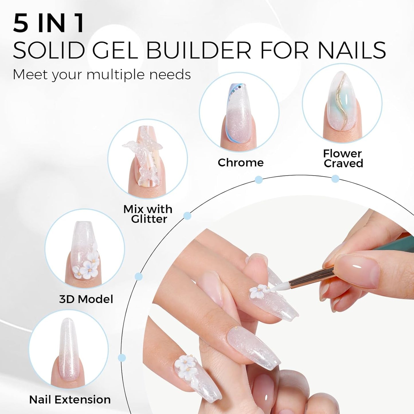 TOMICCA 3D Gel Nail Art, White Sparkles Sculpting Gel for Nail Art 1.76 OZ 3D Nail Hard Gel Nail Gel Nail Extension Gel for Nails Manicure DIY at Home Glitter