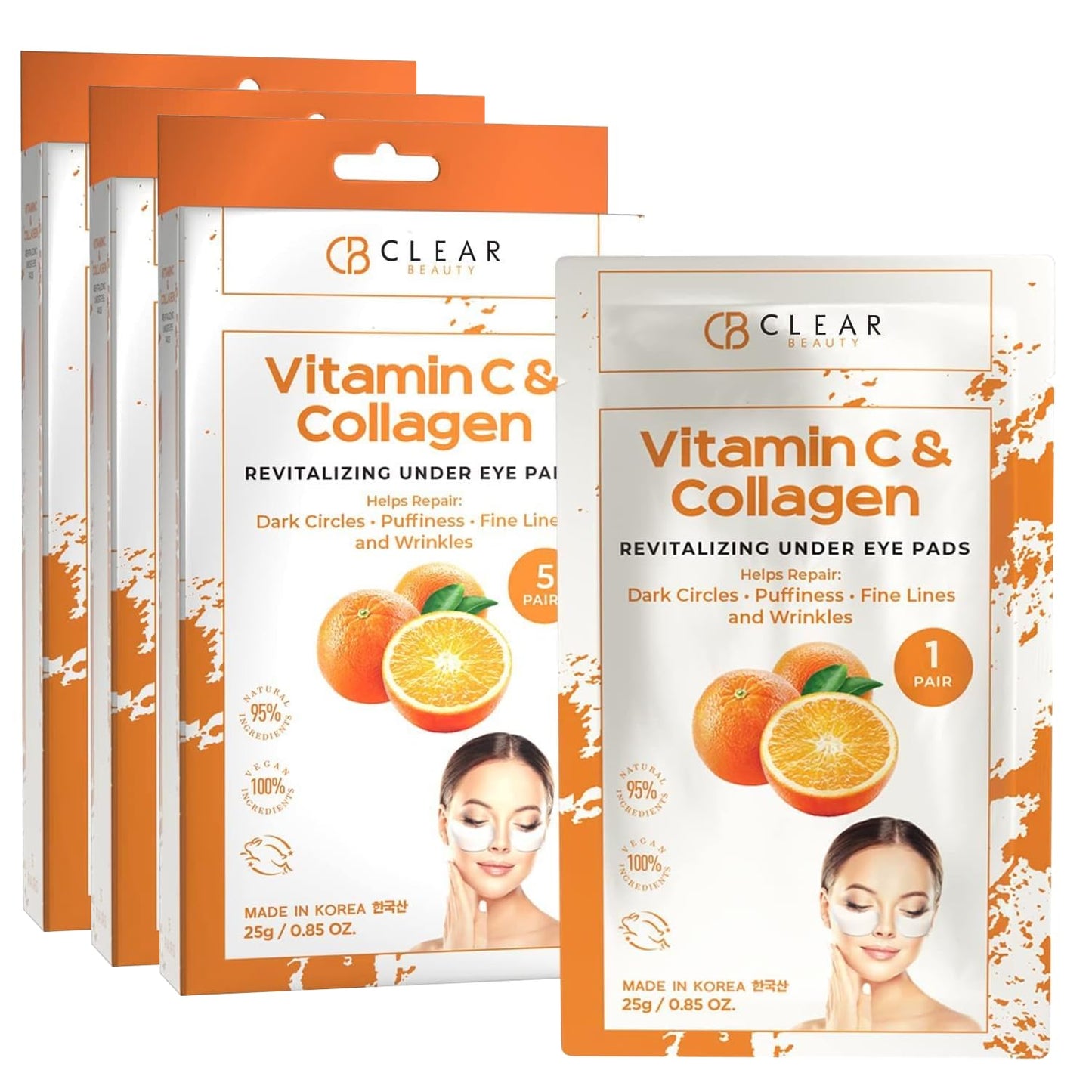 Vitamin C & Collagen Under Eye Patches 3 Pack - Diminishes Dark Circles & Puffiness, Anti-aging, Cooling & Soothing Eye Pads - Cruelty Free Korean Skincare