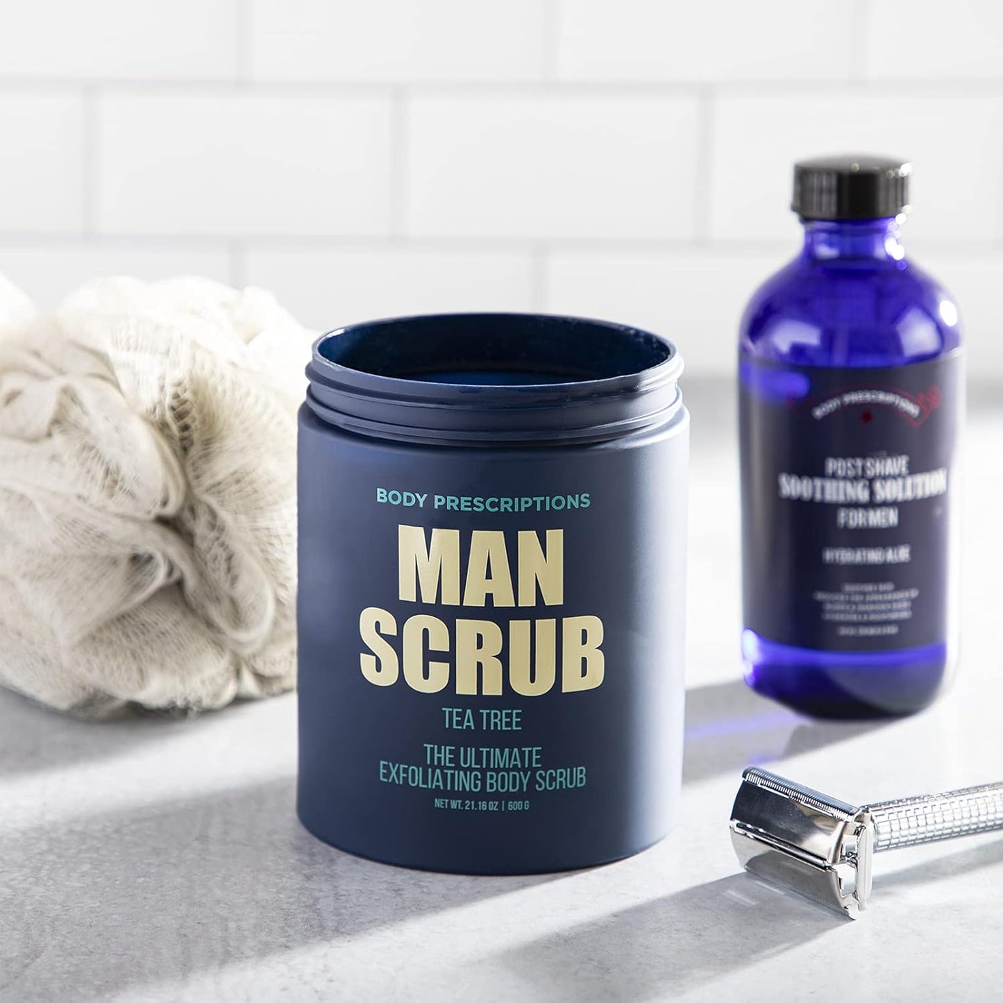 Body Prescriptions Men’s Exfoliating Body Scrub – Ultimate Skin Cleansing Wash in Jar with Twist-Top Lid, For All Skin Types, 21 Ounce (Pack of 2), Tea Tree