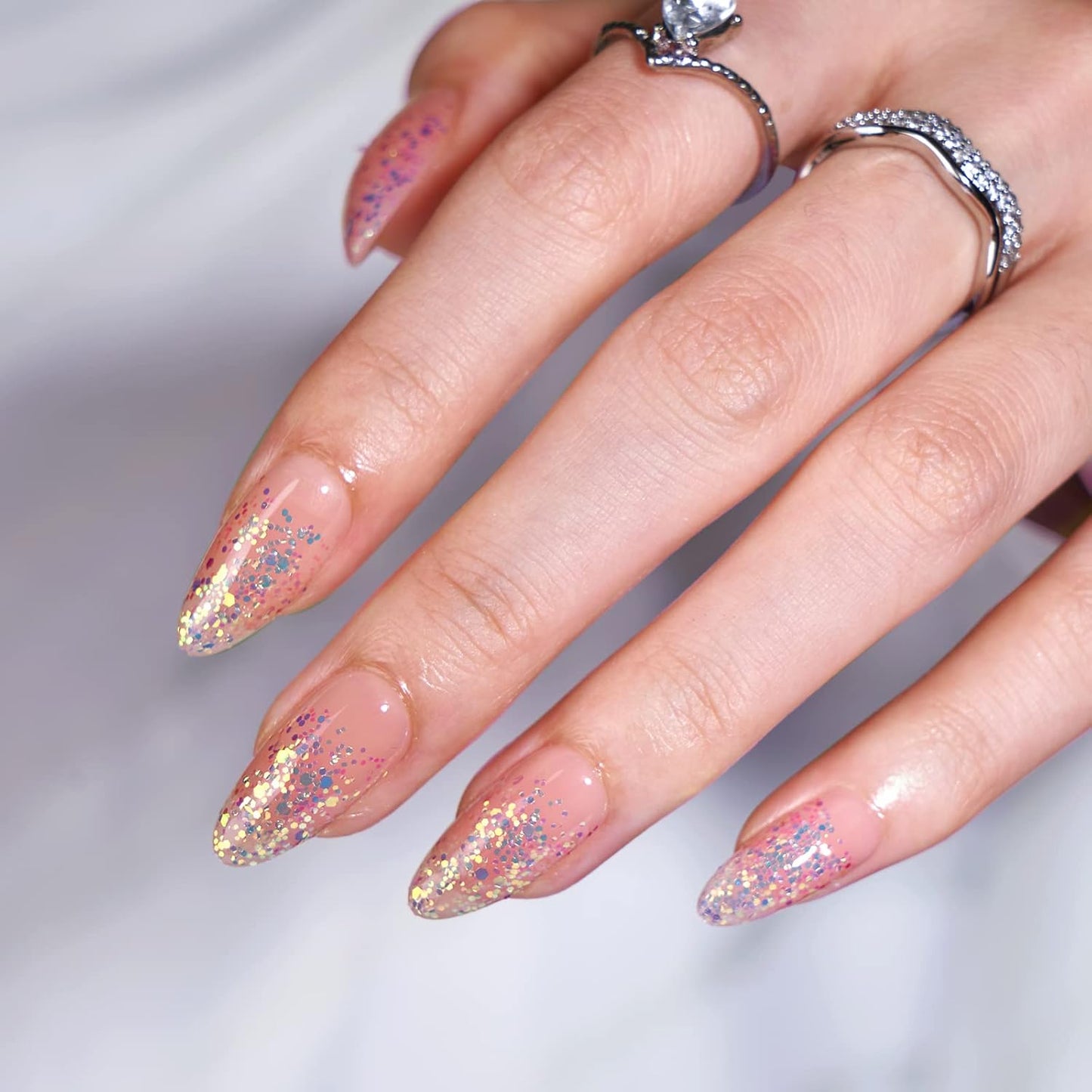 BTArtbox Press On Nails Medium- Christmas Supremely Fit & Natural Soft Gel Glue On Nails with Nail Glue, Reusable Stick On Nails in 15 Sizes - 30 Fake Nails Kit, Pink Sparkle