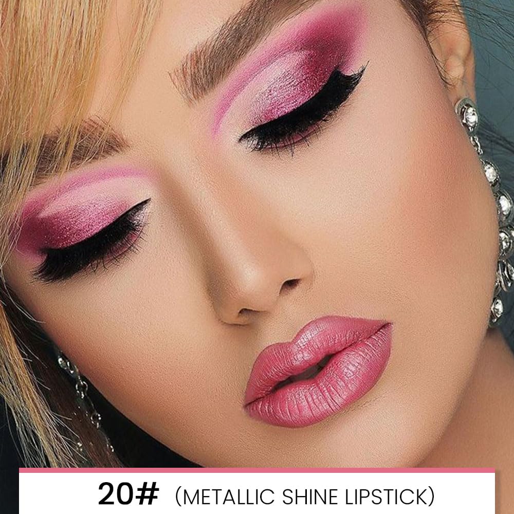 evpct 1Pcs Natural Pink Metallic Shine Shimmer Lip Liner and Lipstick Combo Set Kit for Women, Lightweight Hydrating Formula High Impact Full Coverage Lipstick and Lip Liner Makeup Gloss, 20#