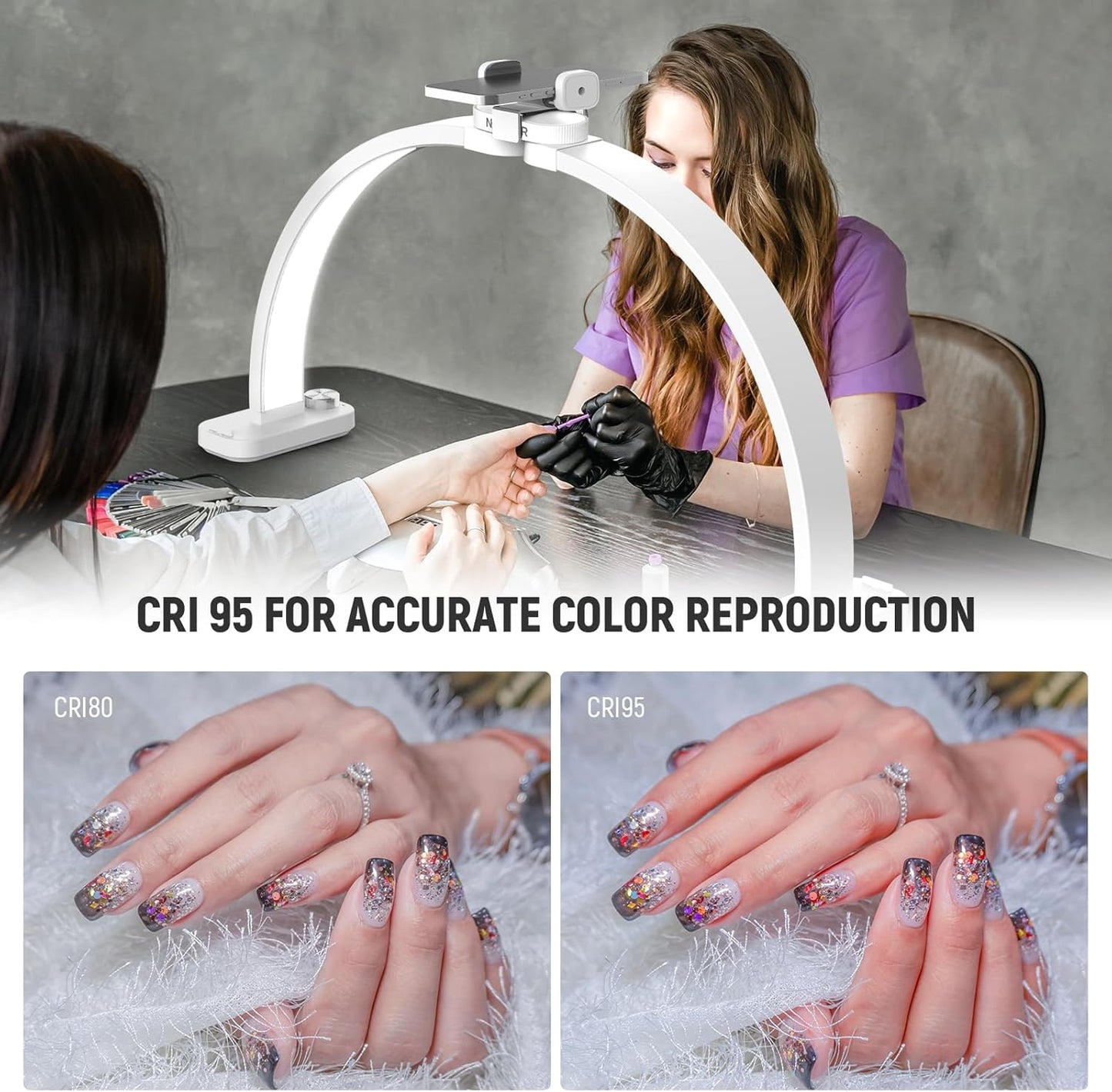 NEEWER Basic HM01-D 29" Arc Lamp, 40W Foldable LED Half Moon Table Nail Tech Light for Desk 3000K-6500K 3400lux/0.5m CRI95 USB Charging Phone Holder for Manicure Makeup Beauty Tattoo Overhead Shooting