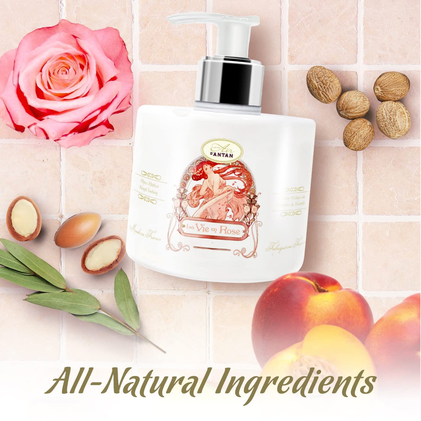 Un Air d'Antan Hand Cream for Dry Cracked Hands 10.5oz - Hand Lotion Pump, Non Greasy Moisturizer with Essential Oils, Cruelty Free Formula - Rose Peach Patchouli