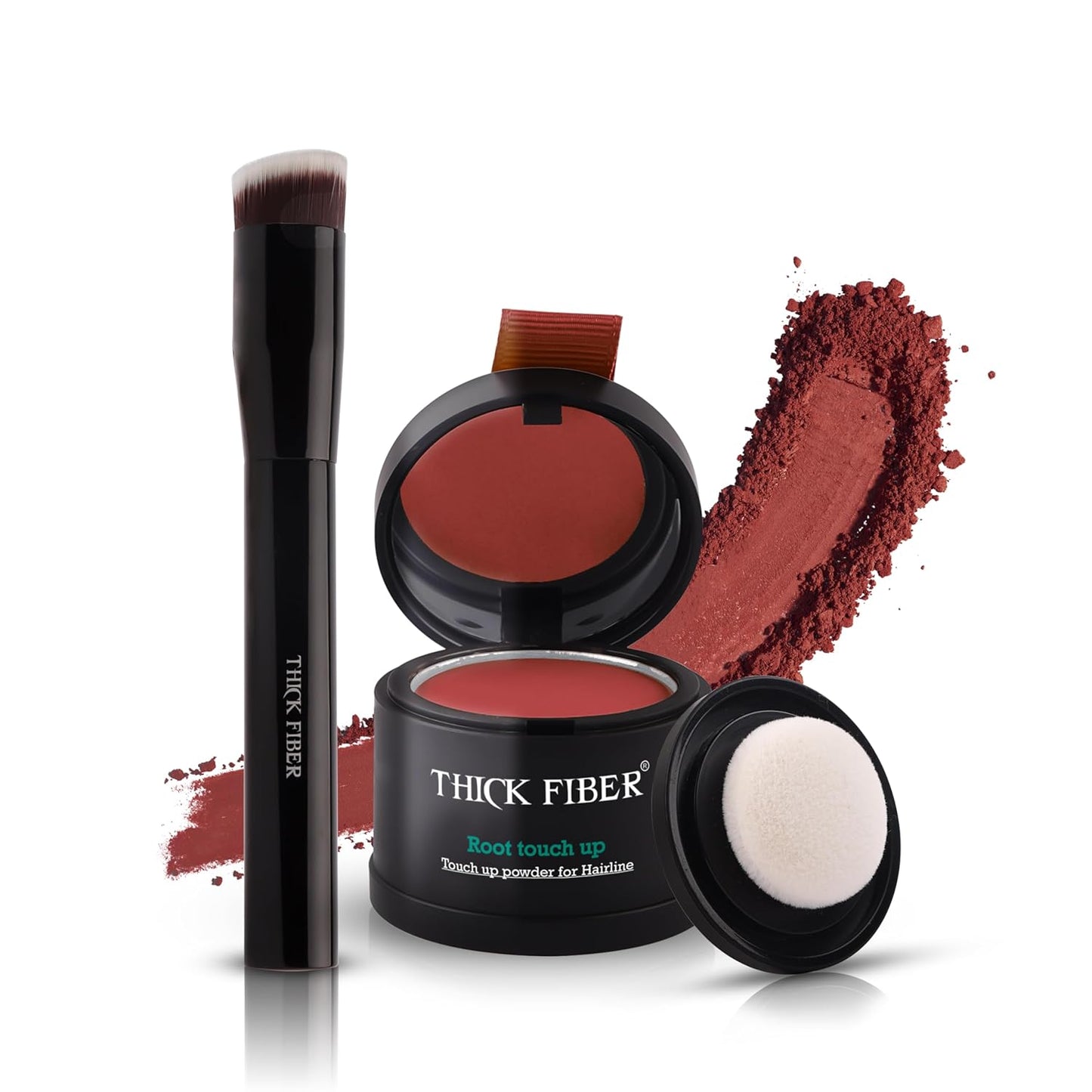 THICK FIBER Root Touch Up and Hairline Concealer for Thinning Hair Women - Water & Sweat Resistant Hair Loss Powder Set, Includes Brush (Red Brown)