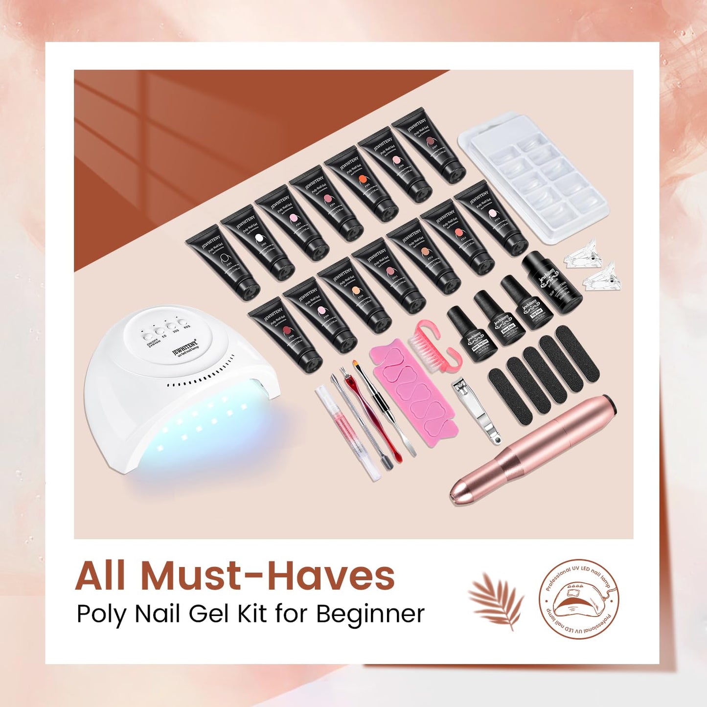 JEWHITENY 14 pcs Poly Gel Nail Extension Kit With Drill Machine U V Nail Light ALL In One Polygel Starter Kit