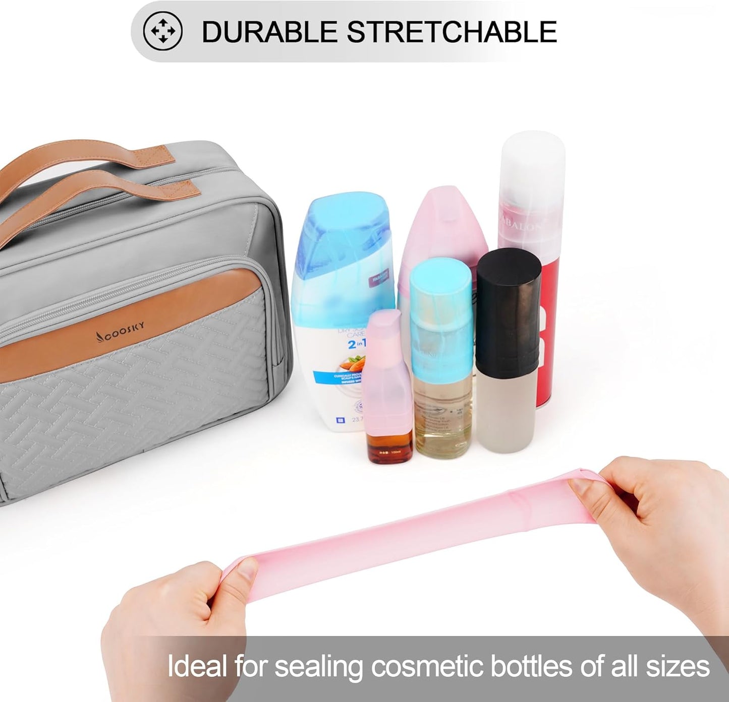 Travel Hanging Toiletry Bag for Women, Large Makeup Bag 8 Leak Proofing Silicone Bottle Covers, Waterproof Cosmetic Bag with Jewelry Organizer Compartment, Toiletries Kit Set, Grey