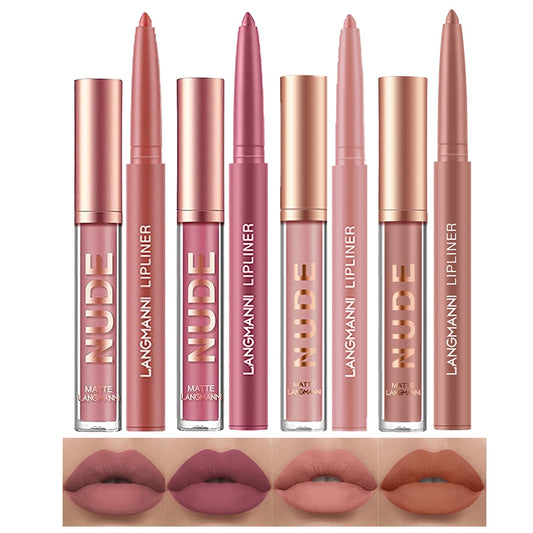 LANGMANNI 4pcs Matte Lipstick with Lipliners Durable Makeup Set,Long-Lasting Non-Stick Cup Not Fade Waterproof Pigmented Velvet Lipgloss Kit Beauty Cosmetics Makeup Gift for Girls(#1+2+8+11)