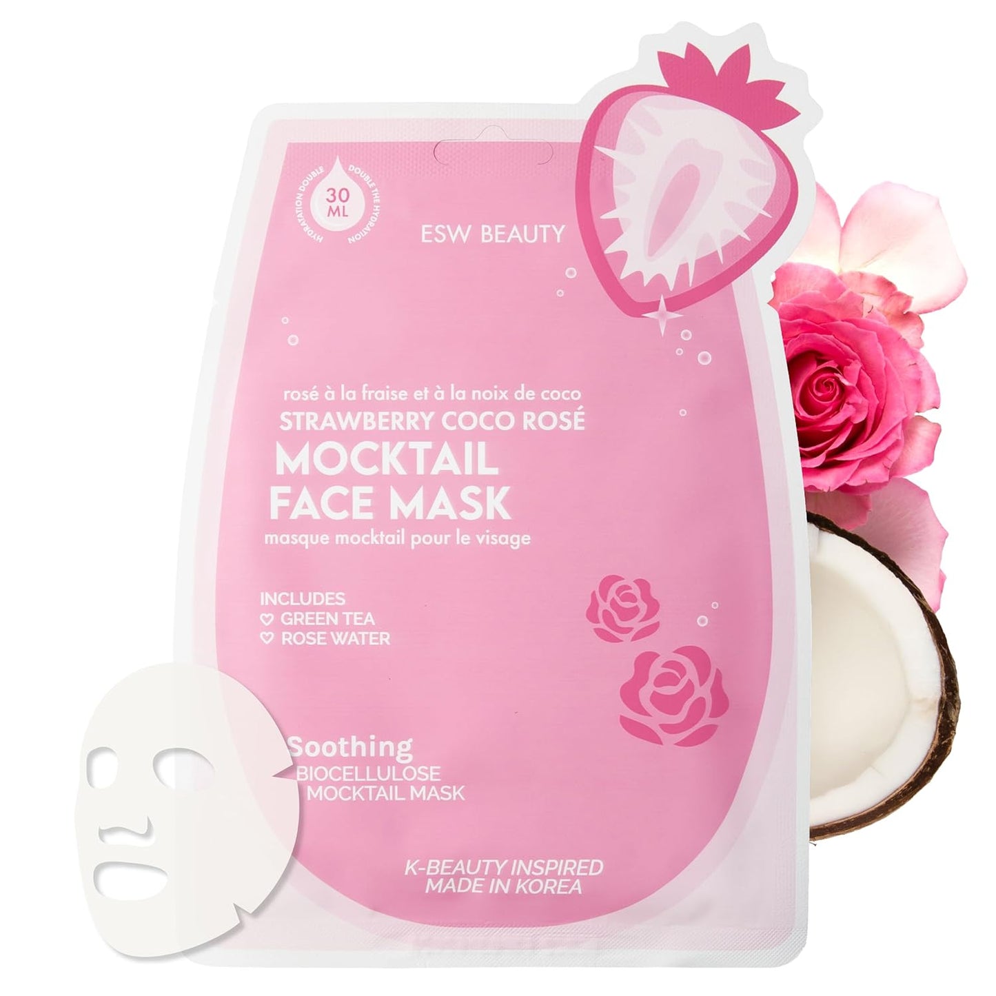 ESW Beauty Strawberry Coco Rosé Soothing Face Mask - Hydrating, Calming, Vegan Face Mask with Coconut Water, Green Tea, & Strawberry Extract for Sensitive Skin