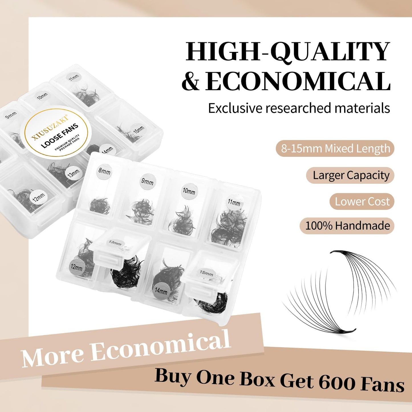 Premade Fans Eyelash Extensions - 600 Fans, 7D Lashes, 0.07mm Thickness, D Curl Mix, 8-15mm